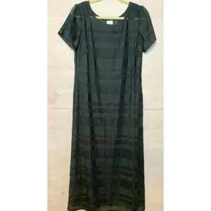 JERELL sz 8 long black pleated striped short sleeve lined maxi dress